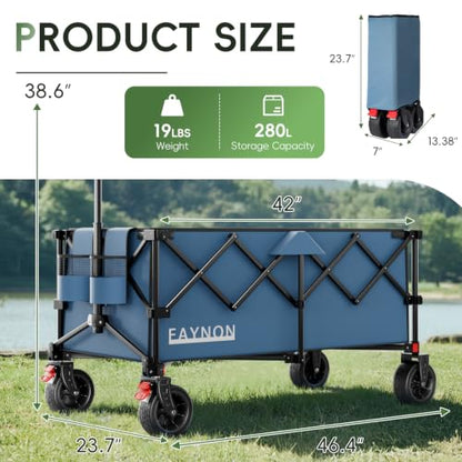 46" L Collapsible Foldable Extended Wagon, 500LB Weight Capacity with 280L Heavy Duty Folding Cart,Utility Wagon with All-Terrain Beach Wheel & Drink Holders,Light Blue - color: Light Blue