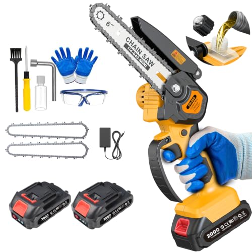 Mini Chainsaw Cordless, 6 Inch Electric Chainsaw with 21V 2*2000mAh Battery, Auto Oil Samll Saw for Wood Cutting, Garden & Household Use Stocking Holiday Gifts for Men, Fathers & Gardening Enthusiasts - color: Yellow02