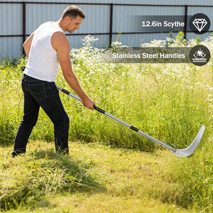 12.6'' Scythe Tool for Grass Cutting, 4 Stainless Steel Poles, Adjustable Dual-hand Grip, Professional-Grade Blade, for Clearing Bushes, Vines, Fields, Ditches, Paths, Landscaping, 67in, Silver.