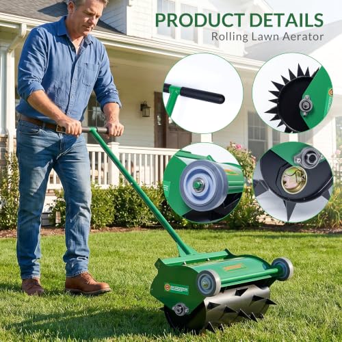 Rolling Lawn Aerator, Heavy Duty Push Spike Aeration Tool Up to 55 lbs, Manual Rotary Grass Aerator for Garden and Yard Use