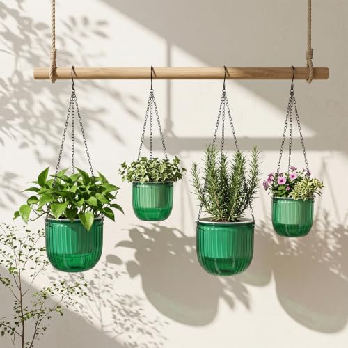 Pumtus 4 Pack Self Watering Hanging Planters, 6.5'' & 4.5'' Plastic Indoor Outdoor Flower Pot, Round Basket with Drainage Hole & Detachable Chain, Succulent Plant Container for Patio Garden Home Decor