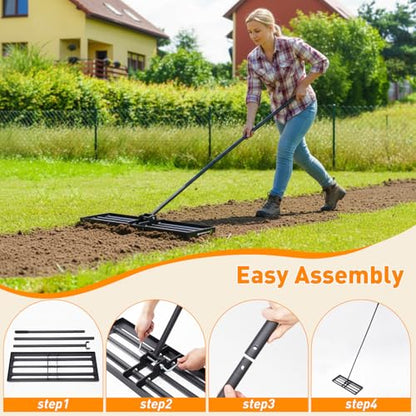 30" Heavy Duty Lawn Leveling Rake, 6.5FT Soil Leveler Tool