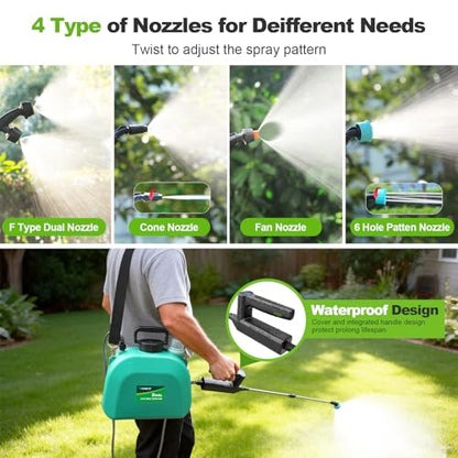 VAXMAY Battery Powered Sprayer 2 Gallon, Upgrade Electric Garden Sprayer with 3 Adjustable Speed, Battery Indicator, 4 Mist Nozzles, Rechargeable Handle, Retractable Wand, Shoulder Strap for Weed Lawn - color: Green