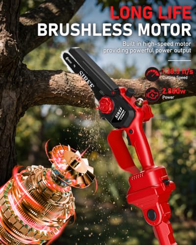 Electric Pole Saw 6“ Mini Chainsaw Cordless Brushless 4.0Ah Batteries Fast Charger Telescopic Power Pole Saw Tree Trimmer Limb Branch Cutter Pruner 16 Ft Max Reach Multi-Angle Red - color: Red-1 Battery