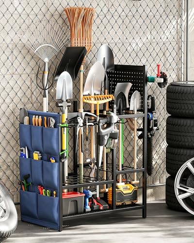 Garden Tool Organizer with Pegboard, Yard Tool Holder Standing for Garage Organization, Up to 30 Long-Handled/10 D-Handled Tools/Rake/Broom/Shovel/, with Side Storage Pocket