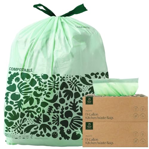 Cleanomic Compostable* 13 Gallon Waste Bags with Drawstring (2 Pack, 50 Count), BPI Certified For Kitchen Compost - size: 25 Count (Pack of 2)