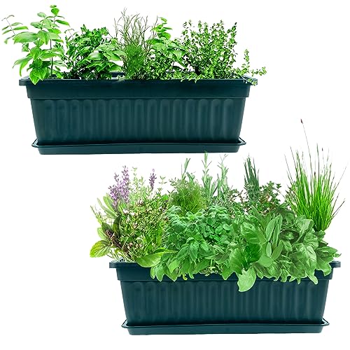 JOIKIT 6 Packs 17 x 7.5 x 5.5 Inch Plastic Window Planter Boxes with Trays, Plastic Vegetable Planter with 30 Plant Label, Countryside Flower Box Pot for Garden Windowsill Patio Balcony, Dark Green - color: Green