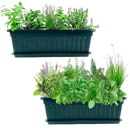 JOIKIT 6 Packs 17 x 7.5 x 5.5 Inch Plastic Window Planter Boxes with Trays, Plastic Vegetable Planter with 30 Plant Label, Countryside Flower Box Pot for Garden Windowsill Patio Balcony, Dark Green - color: Green