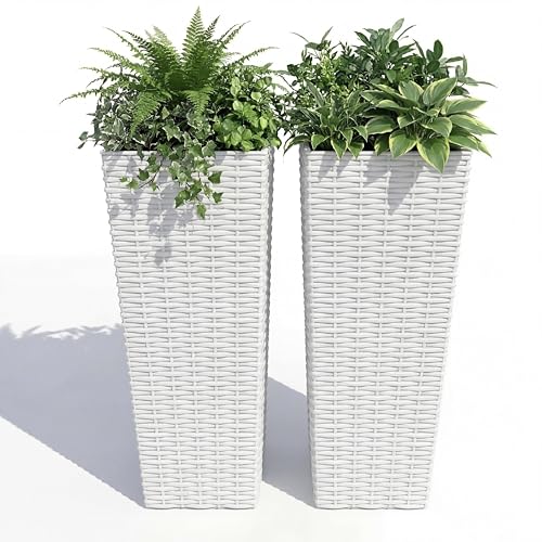 32 Inch Tall Outdoor Planters with Rattan Texture - Set of 2, Large Flower Pots for Patio, Garden, Indoor & Outdoor Use, with Removable Inner Pot & Drainage Holes - color: White, size: 32inch