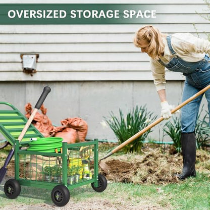 Extra Large Garden Cart with Seat, 3-in-1 Rolling Workseat with Wheels - color: Green, size: Extra Large