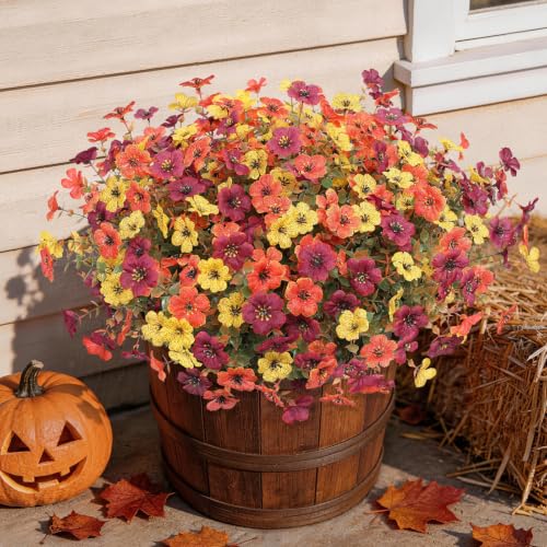 Hommyea Fall Artificial Fake Mums Flowers Plant for Outdoor Faux Home Decor - color: Orange+brown+yellow