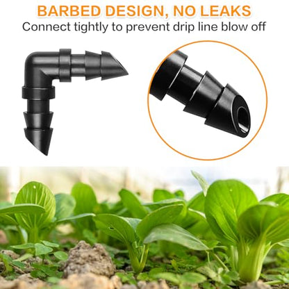 Drip Irrigation Barbed Elbow Fittings, 60 Pieces Drip Line Part Barbed Connectors for 1/4 Inch Tubing, Irrigation Elbow for Home Garden Lawn Pipe Supplies or Sprinkler Systems - size: 1/4" Elbow-60P