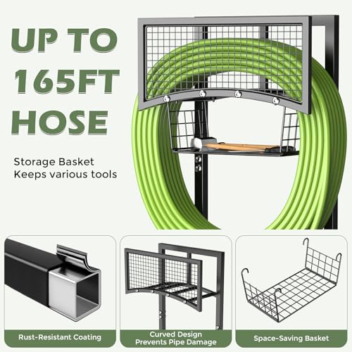Garden Hose Holder Freestanding with Storage Basket, Holds Up to 165FT Hose, Heavy Duty Metal Water Hose Holder with 4 Anchor Spikes, for Yard, Lawn & Patio - color: Black