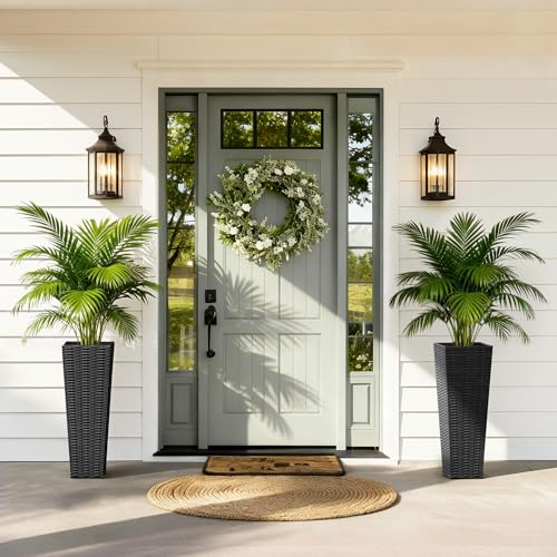 Greesum 23 Inch Tall Plastic Planters with Rattan Texture – Set of 2, Black - color: Black, size: 24" without Tray