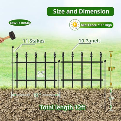 Decorative Metal Garden Fence 11" x 12', Small Fence Border with Stakes - size: 11″H x 12ft（10 Panels）