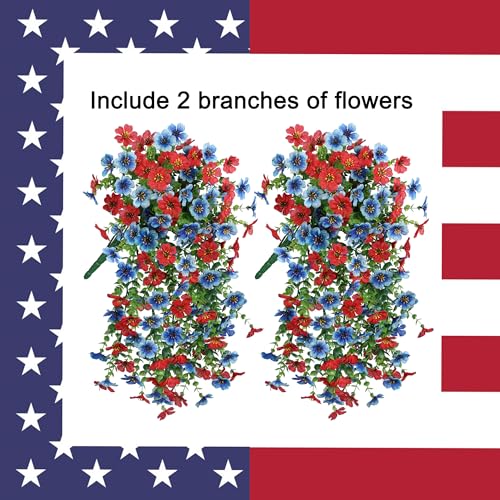 Artificial Faux Hanging Flowers Plants for Spring Outdoor Outside Decoration, 2 PCS Fake Silk Daisy with Eucalyptus UV Resistant Realistic Trailing Vines for Balcony Patio Porch (BlueRed) - color: Bluered