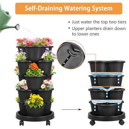VECELO 5 Tier Vertical Garden Planter, Self Watering Stackable Planters with Wheels for Strawberries, Herbs, Flowers, Vegetables, Black - color: Black, size: 5 Tier