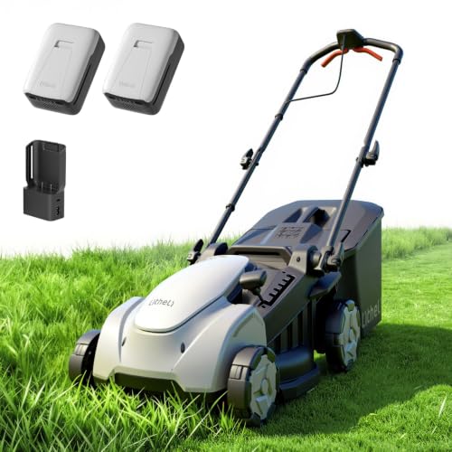 Litheli Cordless Lawn Mower 14 Inch, Brushless Battery Powered Push Mower with 2x5Ah Batteries, 5-Position Height Adjustment, 9-Gallon Bag, Lightweight Grass Cutter for Garden Yard Farm - color: Cream