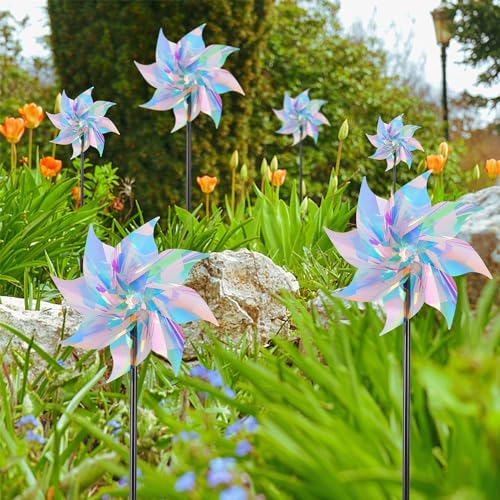 Hausse 10 Pack Reflective Pinwheels Wind Spinner (Assembly Required), Sparkly Pinwheel with Stakes, Bird Repellent Blinder Devices Scare Birds Away from Yard Patio Farm Garden, Transparent Rainbow - color: Transparent Rainbow