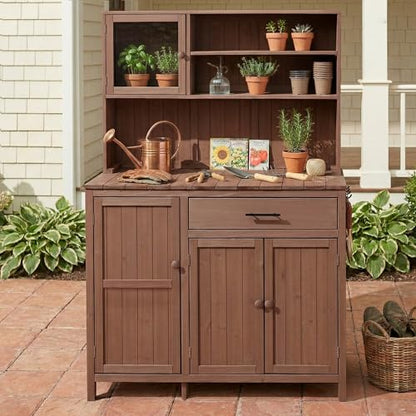 Merax Outdoor Garden Potting Bench with Hutch, 65" H Solid Fir Wood Patio Garden Workstation Tabl with Large Countertop, Adjustable Shelves, Door Rack, Side Hook and Drawer, Brown - color: Brown