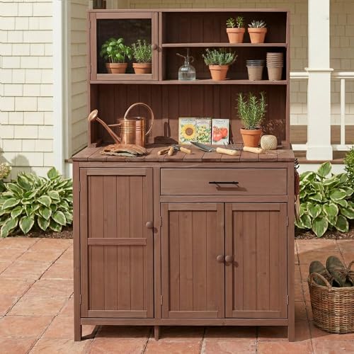 Merax Outdoor Garden Potting Bench with Hutch, 65" H Solid Fir Wood Patio Garden Workstation Tabl with Large Countertop, Adjustable Shelves, Door Rack, Side Hook and Drawer, Brown - color: Brown