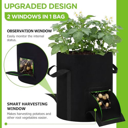 2pcs 10 Gallon Potato Grow Bags with Harvest Window & Visible Window 350g Thickened Nonwoven Fabric Pots, Sturdy Handle Garden Planting Bag for Vegetable Fruits Tomato Growing