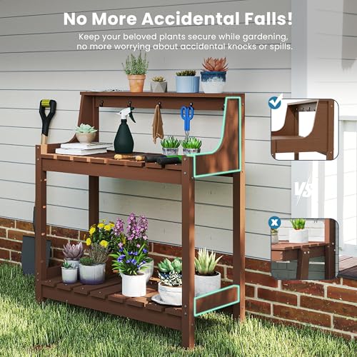 Domi 3-Tier Potting Benches for Outside, HDPE Outdoor Potting Table, Brown - color: Brown