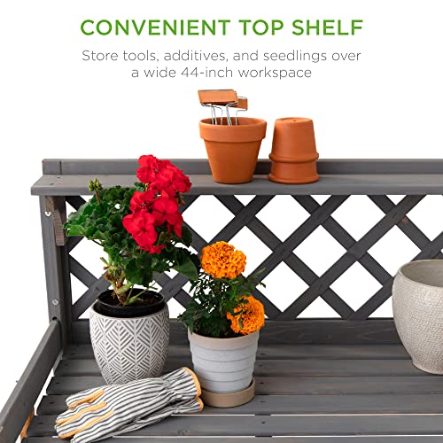 Best Choice Products Outdoor Garden Potting Bench, Wooden Workstation Table w/Cabinet Drawer, Open Shelf, Lower Storage, Lattice Back - Gray