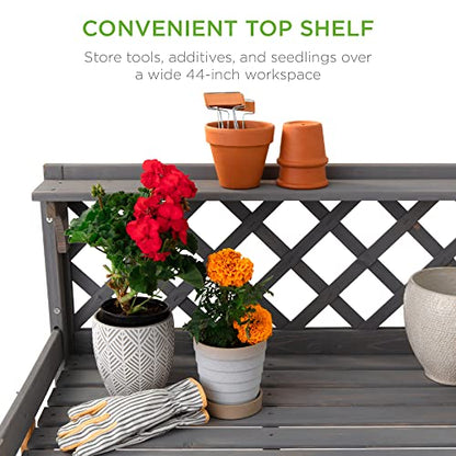 Best Choice Products Outdoor Garden Potting Bench, Wooden Workstation Table w/Cabinet Drawer, Open Shelf, Lower Storage, Lattice Back - Gray