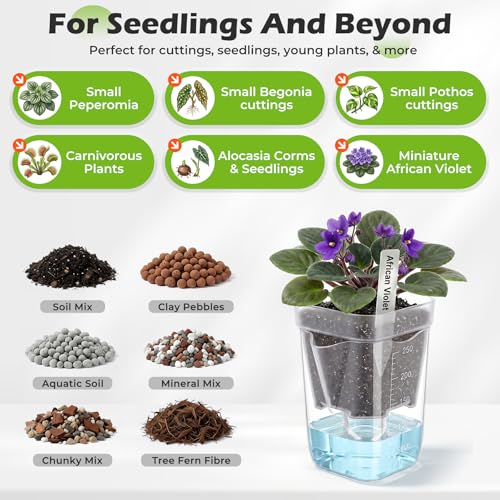 12 Pack 2.5 Inch Self Watering Pots for Indoor Plants, Clear Plastic Propagation Cups with Wick and Plant Labels for African Violets, Semi Hydro Pots,Small Seed Starter Cups, Bottom Watering Planters