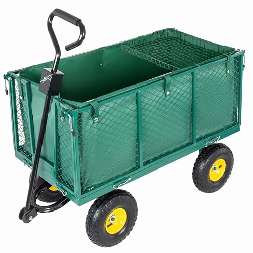 Oversized Steel Dump Garden Cart, 4-in-1 Pullable Mesh Metal Garden Cart, 880lbs All-Terrain Utility Cart with Removable Liner & Side Panels & Mesh Tray for Outdoor Lawn, Patio and Landscaping (Green) - color: Green