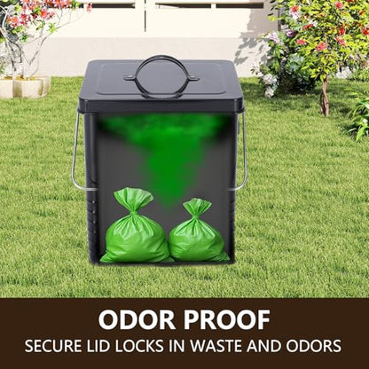 1.85Gal/7L Small Outdoor Trash Can with Lid, Metal Dog Poop Trash Can Outside, Dog Waste Container Bucket Handle(75 Trash Bags Included)-Black