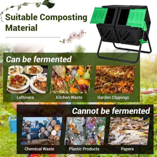 34.5 Gallon Dual Chamber Compost Tumbler, 360° Rotating Compost Bin with Sliding Doors, Aeration System, BPA Free PP Material, Rustproof Metal Frame, Black and Green, 25.5 x 23.5 x 29 Inches, 18 lbs