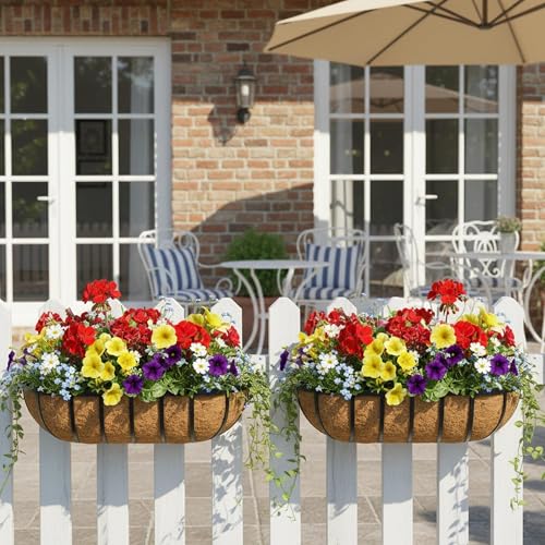 EIMQUVW 2 Pack Adjustable Railing Planter Brackets Heavy Duty Window Box Holders for Metal Hanging Flower Baskets Fits Decks, Balconies, and Railings