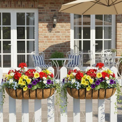 EIMQUVW 2 Pack Adjustable Railing Planter Brackets Heavy Duty Window Box Holders for Metal Hanging Flower Baskets Fits Decks, Balconies, and Railings