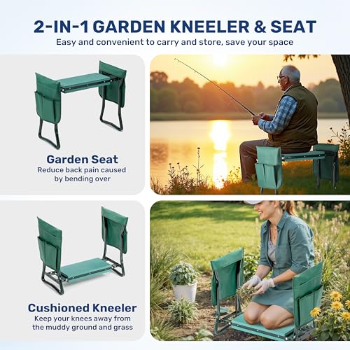 Healsmart Garden Kneeler and Seat, Foldable Kneeling Bench with Sturdy Soft EVA Foam Pad, for Camping, Gardening, Fishing, 2 Tool Pouches Included, Green - size: Kneeler and Seat
