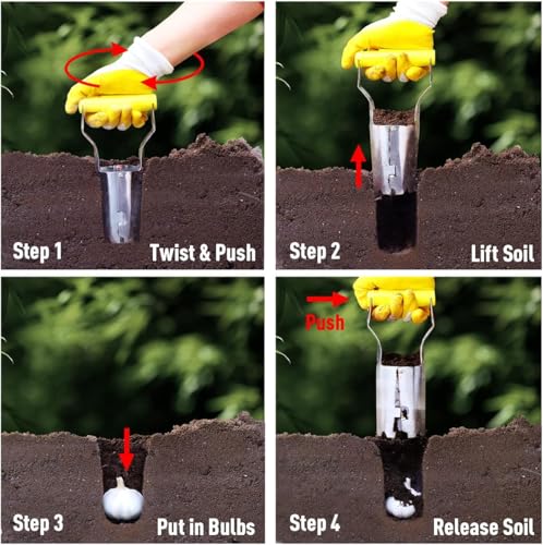 Jardineer Bulb Planter Tool, Long Handle Sod Plugger with Serrated Base, Automatic Soil Releasing Small Bulb Transplanter for Tulips, Daffodils, Lily - color: silver set