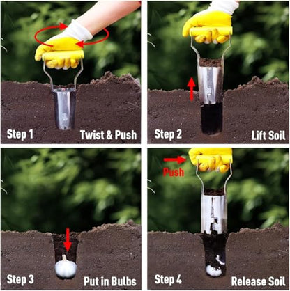 Jardineer Bulb Planter Tool, Long Handle Sod Plugger with Serrated Base, Automatic Soil Releasing Small Bulb Transplanter for Tulips, Daffodils, Lily - color: silver set