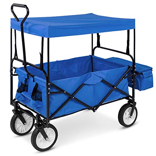 Best Choice Products Collapsible Folding Outdoor Utility Wagon with Canopy Garden Cart for Beach, Picnic, Camping, Tailgates w/Removable Canopy, Detachable Pockets, 150lb Weight Capacity - Blue - color: Blue