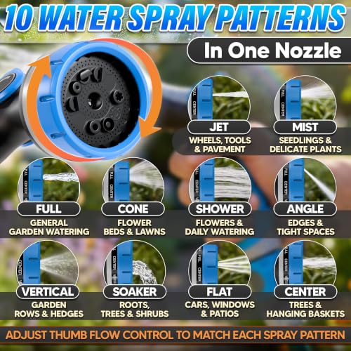 Garden Hose Nozzle, 10 Spray Patterns, Thumb Flow Control, Blue - color: Blue