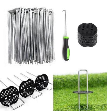 8 Inch 50 PCS Galvanized Landscape Staples with 50 PCS Gasket, Landscape Fabric Pins Stakes Lawn Ground Cover Graden Staples Spikes Weed Barrier Stakes - size: 8" 50 Pack