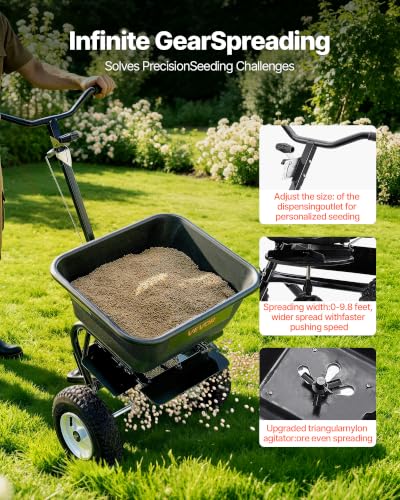 VEVOR Broadcast Spreader 100 lbs Capacity Walk-Behind Push Spreader Black | For Lawn Garden, 0-9.8 ft Spreading Width, 13 in All Terrain Pneumatic Tires, Hopper Grate for Seed Fertilizer Salt Ice Melt
