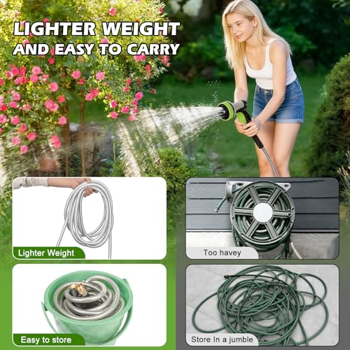 Metal Garden Hose 25 ft Stainless Steel Heavy Duty Water Hose with 10 Function Nozzles Flexible Lightweight Kink-Free Leakproof Sturdy Hoses Pipe 3/4" Brass Fitting for Outdoor Yard Lawn RV - size: 25FT