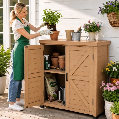 Outdoor Storage Cabinet with Metal Tabletop, Cedar Wood Garden Workstation - color: Light Brown, size: 31x17x36