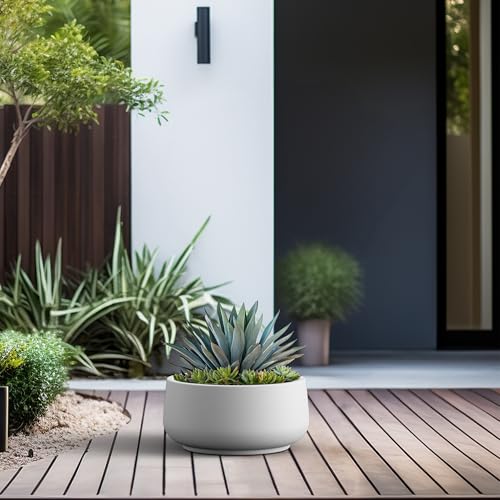 Kante Accent Round Bowl White Concrete Planter 14.2" Dia, Outdoor - color: White, size: 13.4" Dia
