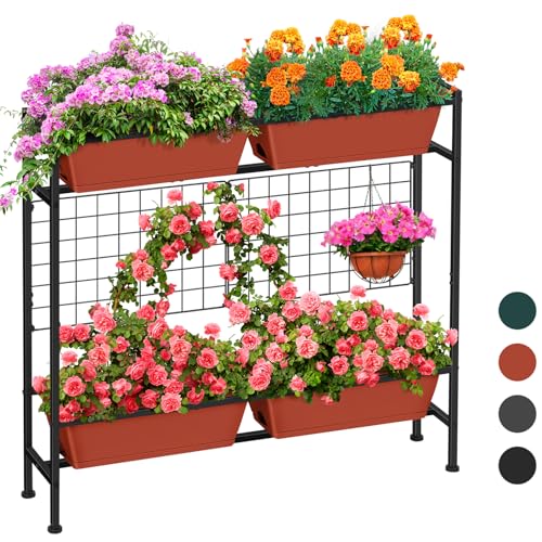 ETELI Raised Garden Beds Outdoor Elevated Planter Boxes with Trellis Patio Herb Garden Planter Outdoor Raised Planter Boxes with Legs for Vegetable Patio Balcony Porch, Brick Red - color: Brick Red