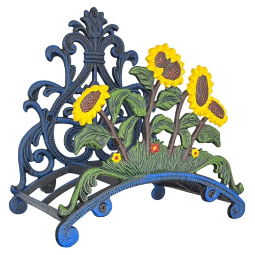 Cast Iron Garden Hose Holder Wall Mount, Rustic Heavy Duty Water Hose Hanger, Decorative Vintage Hose Reel Organizer for Outside Garden Yard Patio, Painted Sunflower Design