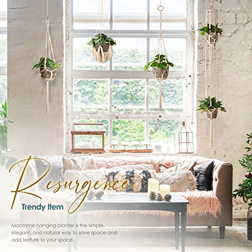 Macrame Plant Hanger Indoor Set of 4, Bohemian Hanging Planter with Tassels - color: Beige