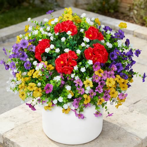 Hrobek Fake Artificial Silk Flowers for Outdoors with Realistic UV Resistant, Faux Plants for Outside Indoor, Home Patio Garden Back Yard Front Porch Decor Spring Summer(12 Bunches) - color: 7 Color Mixed(1 Red Geranium,3 White Boxwood,2 Purple,2 Lt. Purp