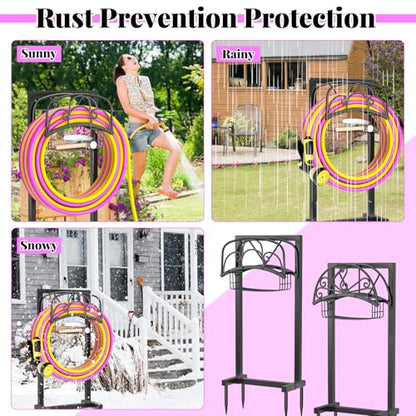Garden Hose holder, 4-Spike Heavy Metal with Storage Basket, Arch - style: curved line with Storage Basket